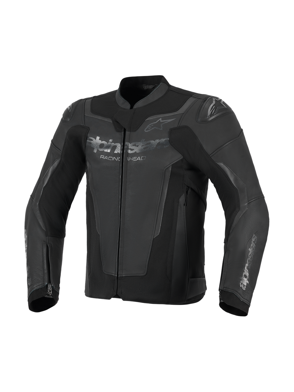 Alpinestars GP Force V2 Leather Jacket, Black, premium bovine leather construction with high-stretch panels, featuring integrated GP Lite Evo DFS shoulder protectors and Alpinestars logos on the chest and sleeves, sport motorcycle riding gear