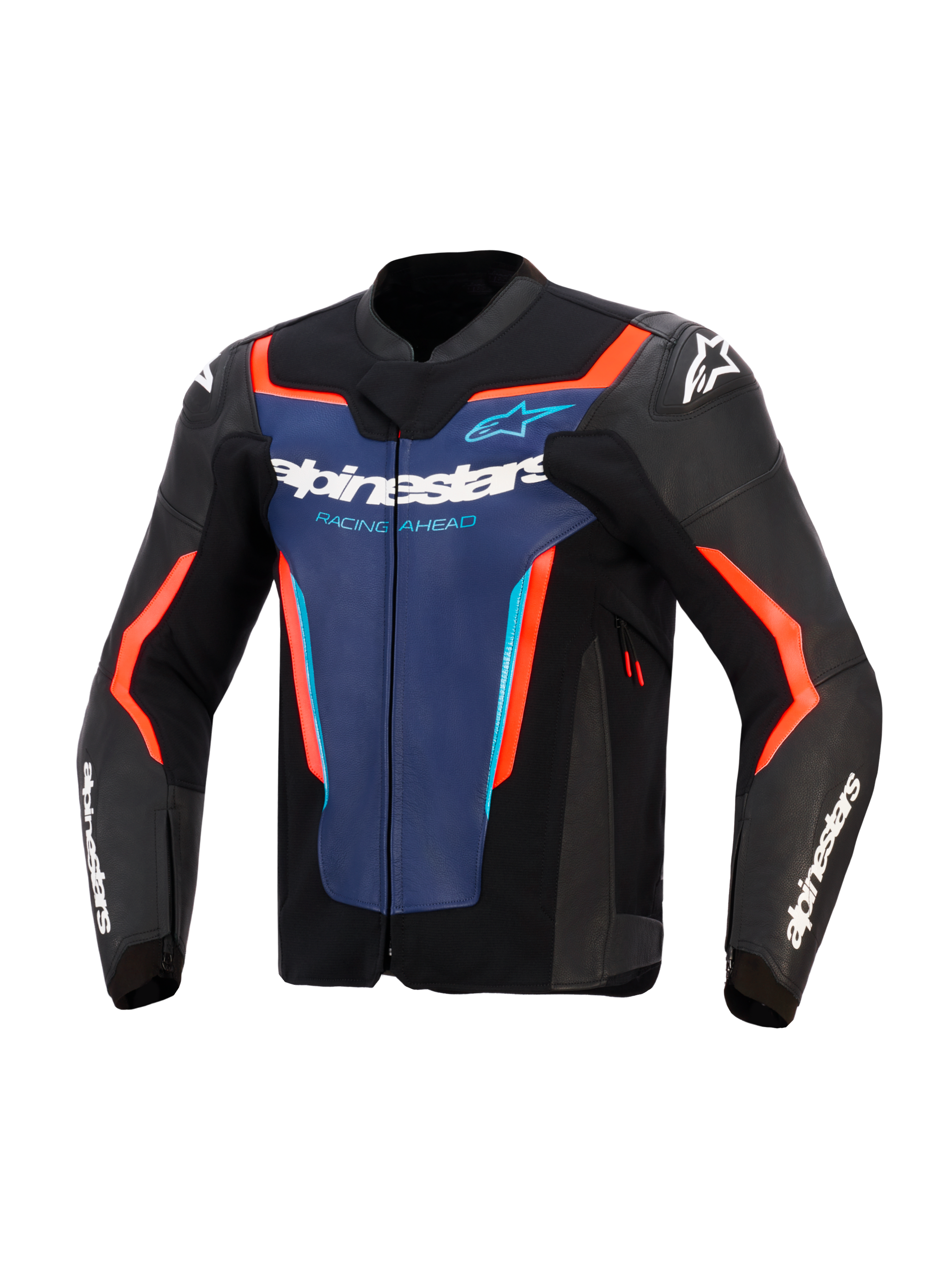 Alpinestars GP Force V2 Lederjacke, Schwarz, Blau und Fluo-Rot, Vorderansicht mit blauem Brusteinsatz, weißem „Alpinestars“- und „Racing Ahead“-Branding, neon-orange-roten Akzenten und weißen Logos an den Schultern und Ärmeln, konzipiert für sportliches Motorradfahren.