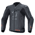 Alpinestars GP Plus R V4 Rideknit Leather Jacket, Black, professional motorcycle racing jacket, tonal star logo on chest, red Rideknit accents on cuffs and bottom hem, perforated ventilation panels, DFS shoulder sliders, premium leather construction with integrated RIDEKNIT technology