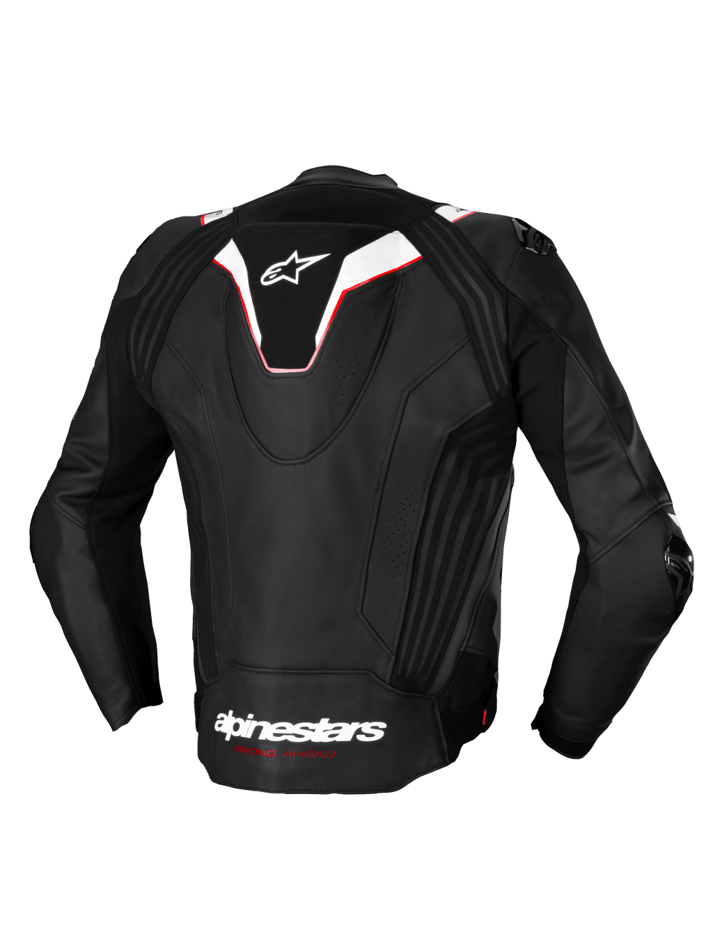 Alpinestars Missile V3 Ignition Leather Jacket, back view of a men's motorcycle racing jacket in Black and White with red accents, featuring an aerodynamic sport hump and premium bovine leather construction