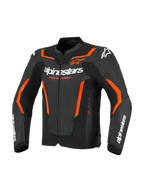 Alpinestars GP Force V2 Air Leather Jacket, Black and Red Fluo, perforated leather motorcycle jacket featuring white Alpinestars branding on the chest and sleeves, bright orange accents, and integrated shoulder protectors, front view.
