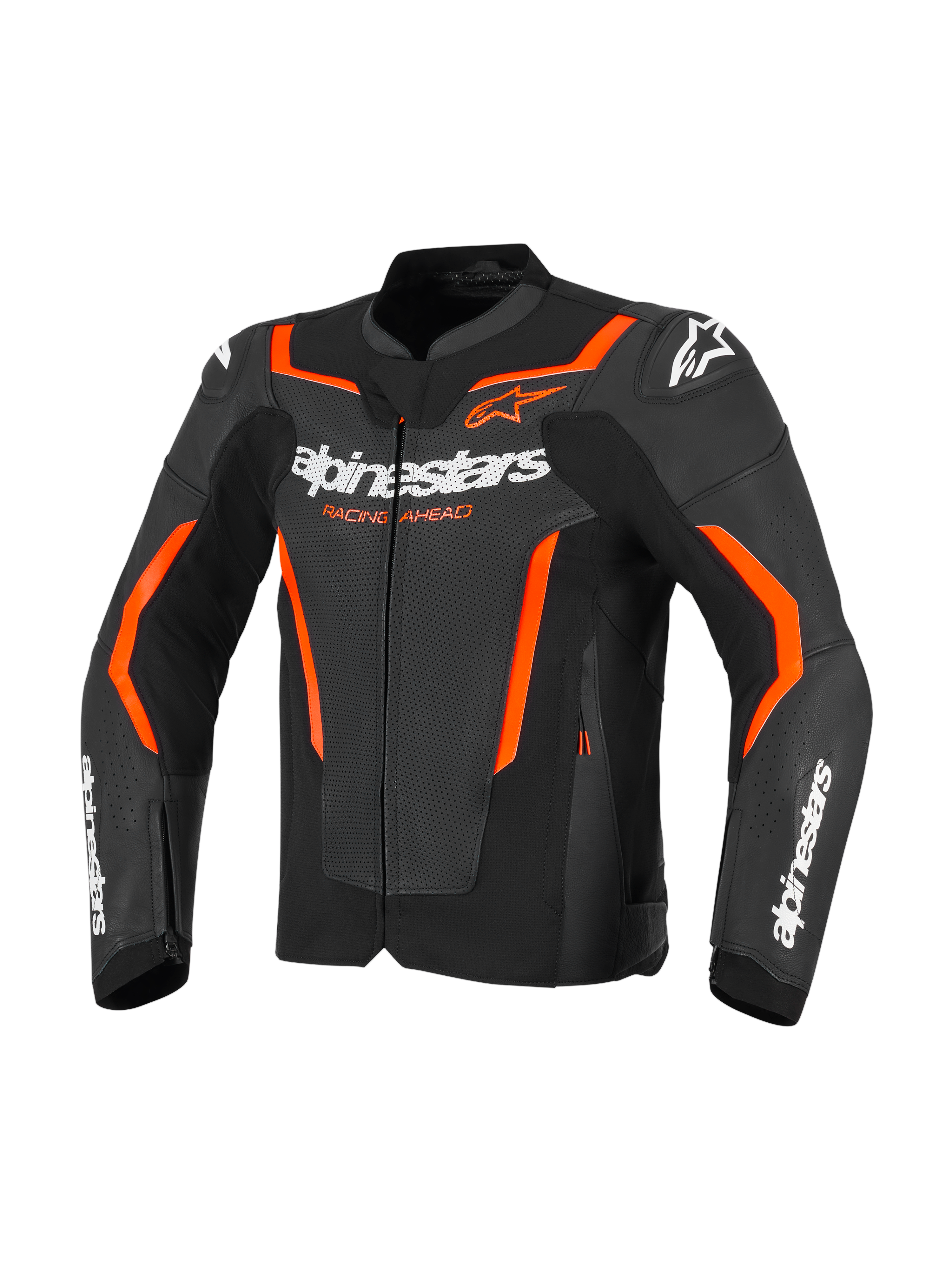 Alpinestars GP Force V2 Air Leather Jacket, Black and Red Fluo, perforated leather motorcycle jacket featuring white Alpinestars branding on the chest and sleeves, bright orange accents, and integrated shoulder protectors, front view.