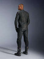 Alpinestars Dusk Leather Jacket, Motorcycle Jacket, Black Laser, rear view on a model wearing full leather racing gear, 3D multi-panel construction with laser-etched branding, premium bovine leather for sport and road riding.