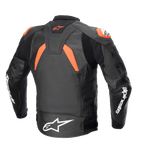 Alpinestars GP Plus V4 Leather Jacket, Black Red Fluo and White, back view showing performance stretch panels and shoulder sliders, bold white Alpinestars logos on sleeves and waist, race-inspired sport silhouette