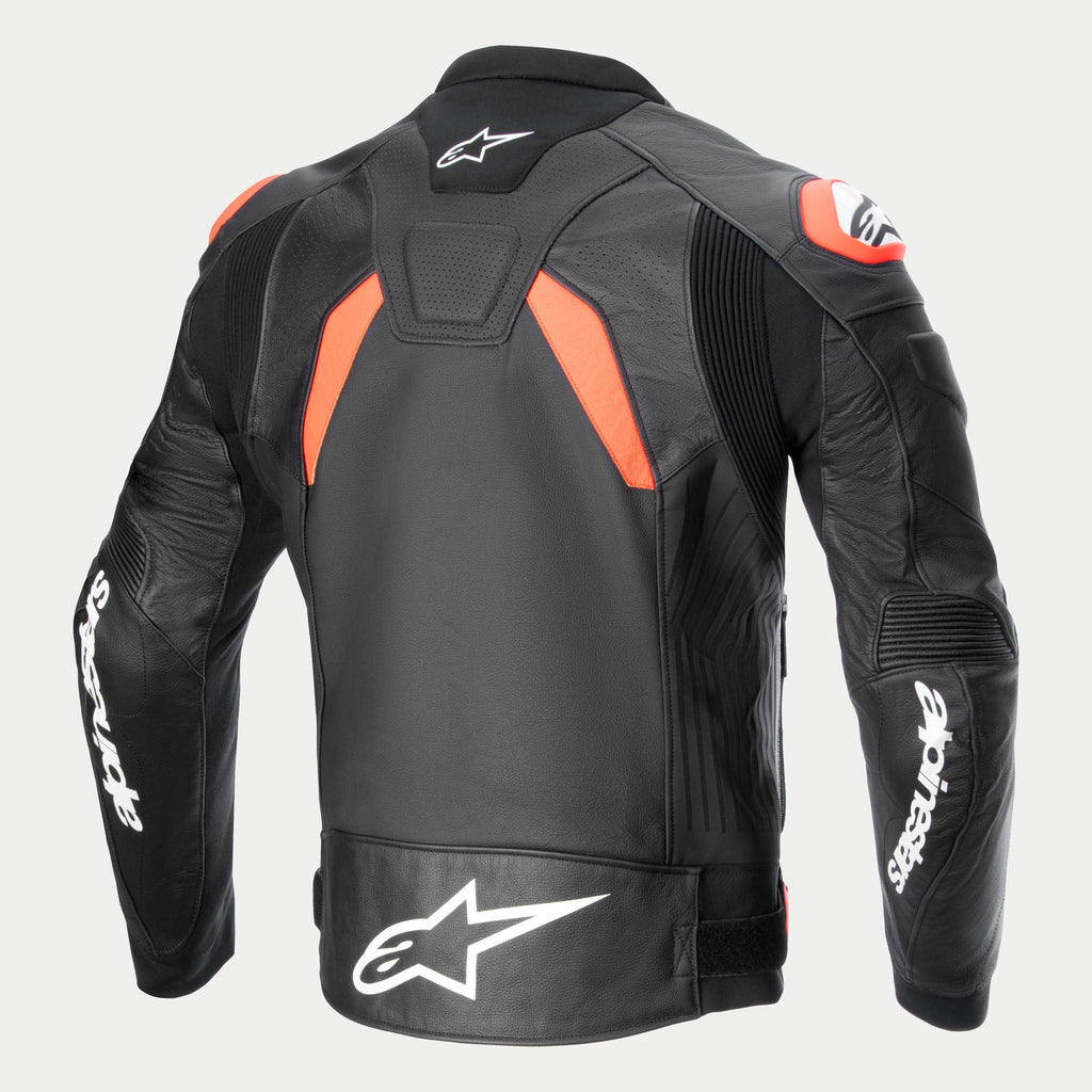 Alpinestars GP Plus R V4 Airflow Lederjacke, Herren-Motorradrennjacke, Rückansicht in Schwarz mit roten und weißen Akzenten, mit Rennsport-Leder und perforierten Einsätzen
