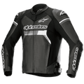 Alpinestars GP Force Airflow Leather Jacket, Black with white and grey accents, Motorcycle Racing Jacket, fully perforated leather chest and back for ventilation, external DFS Lite shoulder sliders, white Alpinestars logo branding on chest and sleeves, sporty road riding design