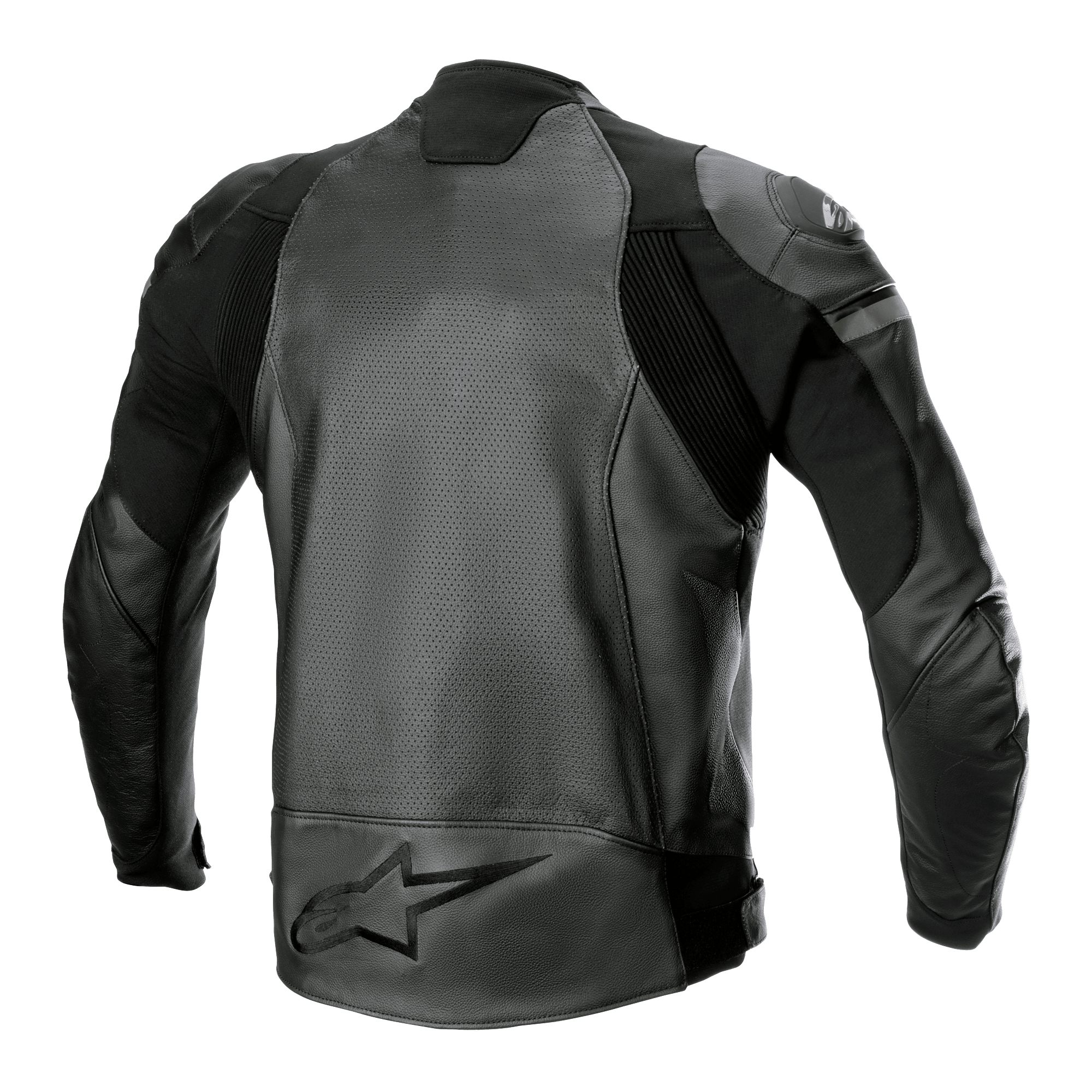 Alpinestars GP Force Airflow Lederjacke, Schwarz, Rückansicht mit perforierten Büffelleder-Paneelen, Akkordeon-Stretcheinsätzen und großem geprägten Stern-Logo am unteren Rücken, Sport-Motorrad-Rennausrüstung