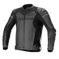 Alpinestars GP Force Airflow Lederjacke, Motorrad-Rennjacke, Schwarz und Dunkelgrau, perforierte Paneele für Belüftung, externe DFS Lite Schulterschleifer, markantes Branding auf Brust und Ärmeln, hochwertige Lederkonstruktion mit verstellbaren Taillenriemen
