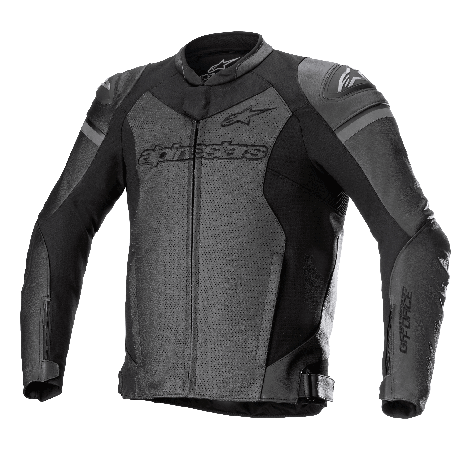 Alpinestars GP Force Airflow Lederjacke, Motorrad-Rennjacke, Schwarz und Dunkelgrau, perforierte Paneele für Belüftung, externe DFS Lite Schulterschleifer, markantes Branding auf Brust und Ärmeln, hochwertige Lederkonstruktion mit verstellbaren Taillenriemen