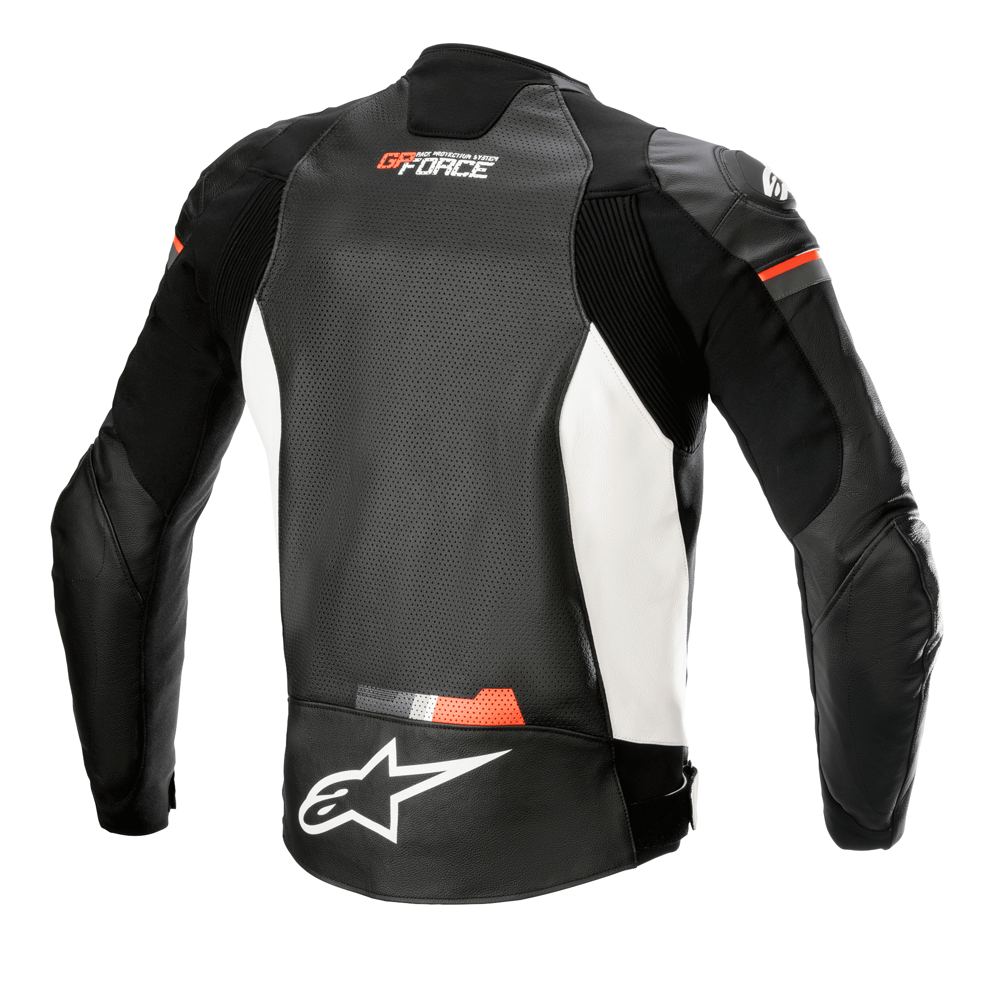 Alpinestars GP Force Airflow Leather Jacket, Rear View, Black White and Red Fluo, perforated leather back panel for ventilation, accordion stretch inserts on shoulders and sides, white Alpinestars logo on lower back, GP Force branding on upper back, sport motorcycle apparel