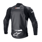 Alpinestars GP Force Lederjacke, Schwarz, Rückansicht mit weißem Alpinestars-Logo auf dem unteren Rücken und GP Force-Branding auf dem oberen Rücken, Akkordeon-Stretcheinsätze und strapazierfähige Rindslederkonstruktion für den Straßenrennsport