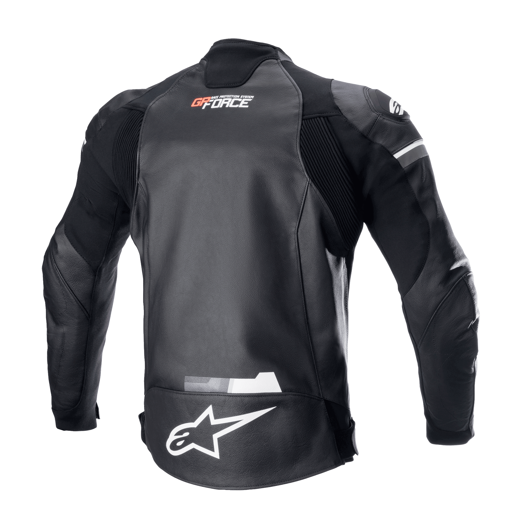 Alpinestars GP Force Lederjacke, Schwarz, Rückansicht mit weißem Alpinestars-Logo auf dem unteren Rücken und GP Force-Branding auf dem oberen Rücken, Akkordeon-Stretcheinsätze und strapazierfähige Rindslederkonstruktion für den Straßenrennsport