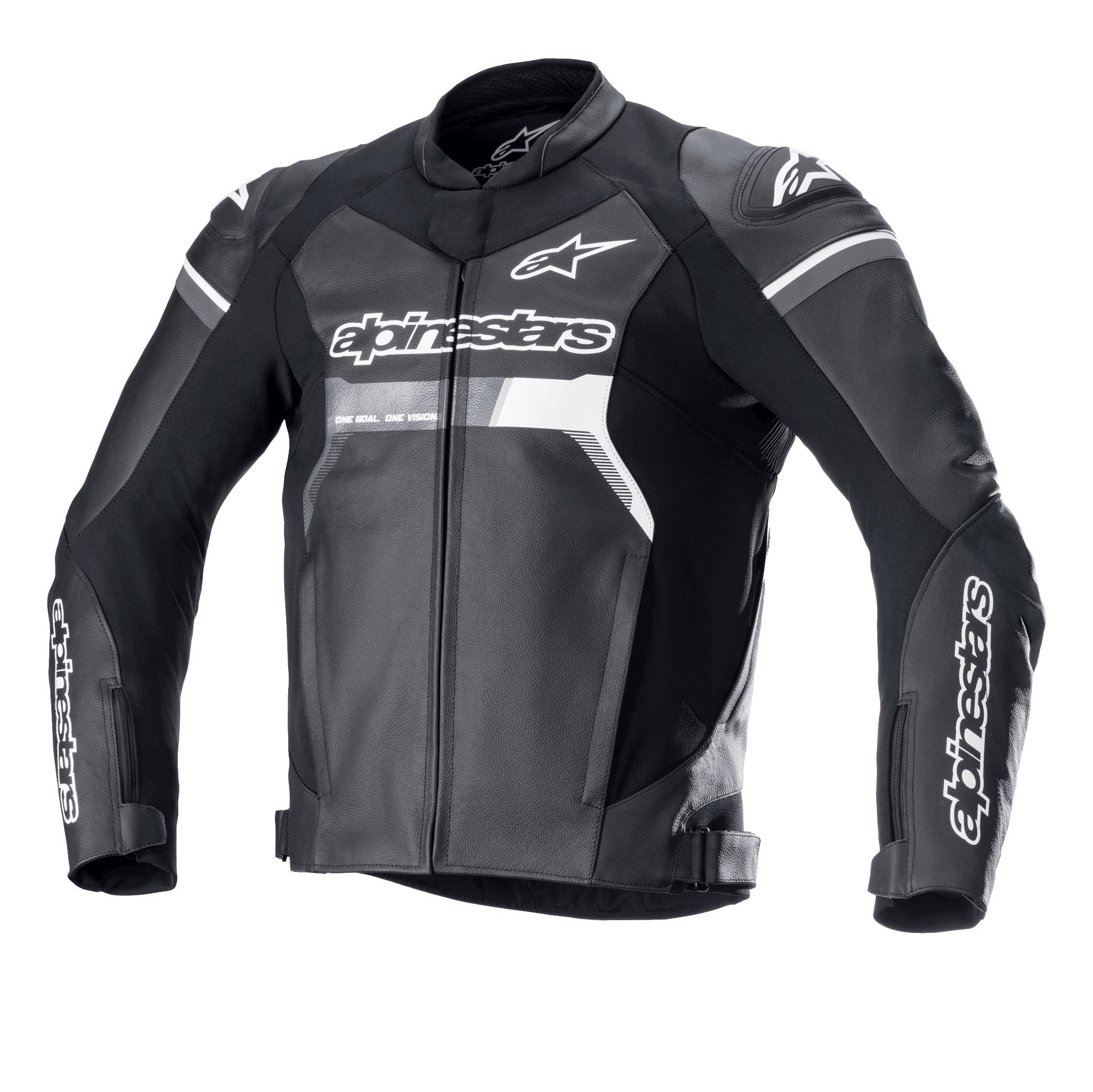 Alpinestars GP Force Lederjacke, Schwarz mit weißen und grauen Akzenten, Motorrad-Rennjacke, hochwertige Rindsleder-Konstruktion, markantes Alpinestars-Branding auf Brust und Ärmeln, DFS Lite Schulterschleifer, ergonomische Sport-Passform für Straßenfahrten