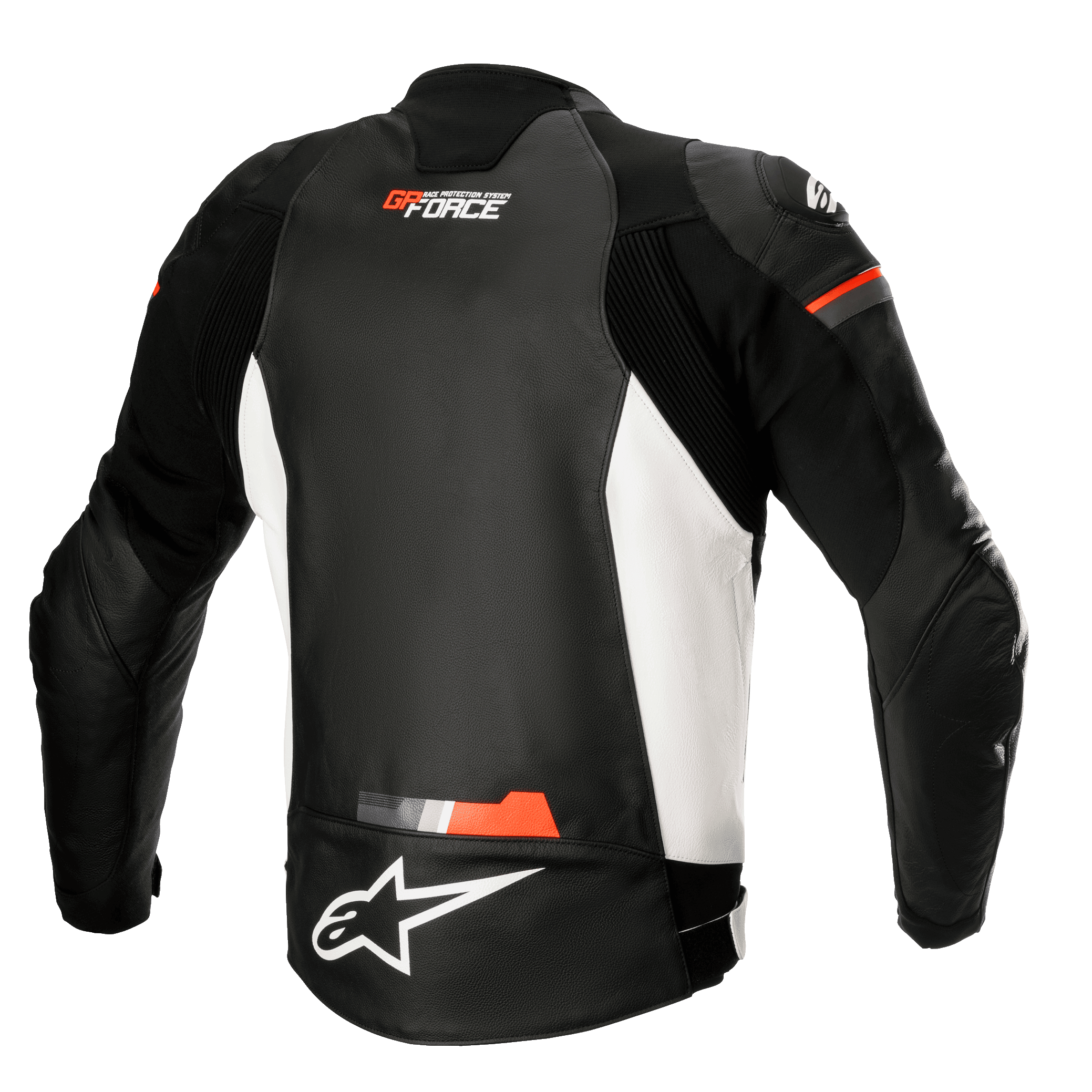 Alpinestars GP Force Lederjacke, Motorrad-Lederjacke, Schwarz, Weiß und Leuchtend Rot, Rückansicht mit weißen Seiteneinsätzen und leuchtend roten Akzenten, GP Force und Alpinestars Logo-Branding, sportliches Lederdesign mit Akkordeon-Stretcheinsätzen