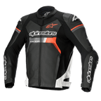 Alpinestars GP Force Lederjacke, Motorrad-Rennjacke, Schwarz mit weißen und roten Fluo-Akzenten, markantes Alpinestars-Branding auf Brust und Ärmeln, hochwertige Rindslederkonstruktion mit DFS Lite Schulterprotektoren, aerodynamische Silhouette