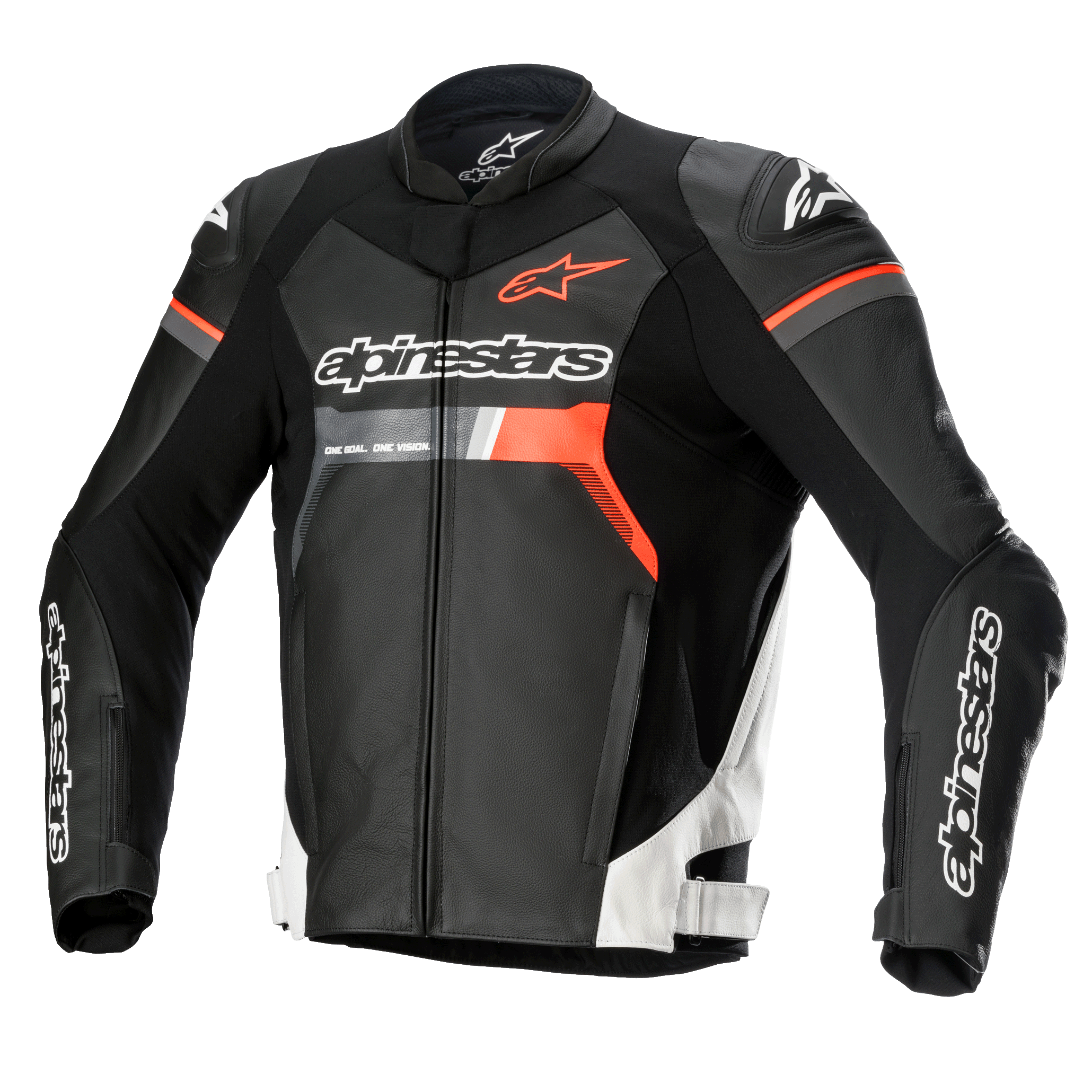 Alpinestars GP Force Lederjacke, Motorrad-Rennjacke, Schwarz mit weißen und roten Fluo-Akzenten, markantes Alpinestars-Branding auf Brust und Ärmeln, hochwertige Rindslederkonstruktion mit DFS Lite Schulterprotektoren, aerodynamische Silhouette
