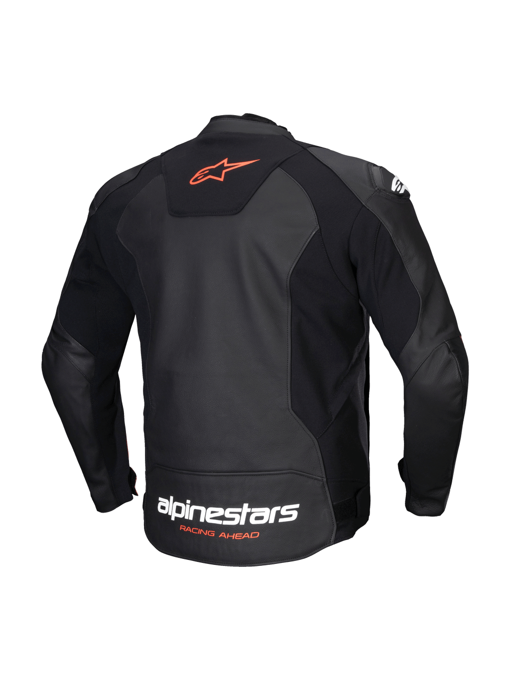 Alpinestars Faster V3 Leather Jacket, men's sport motorcycle jacket, back view in Black and Red Fluo, featuring premium leather and HRSF stretch panels, CE-certified AA class with aerodynamic elongation
