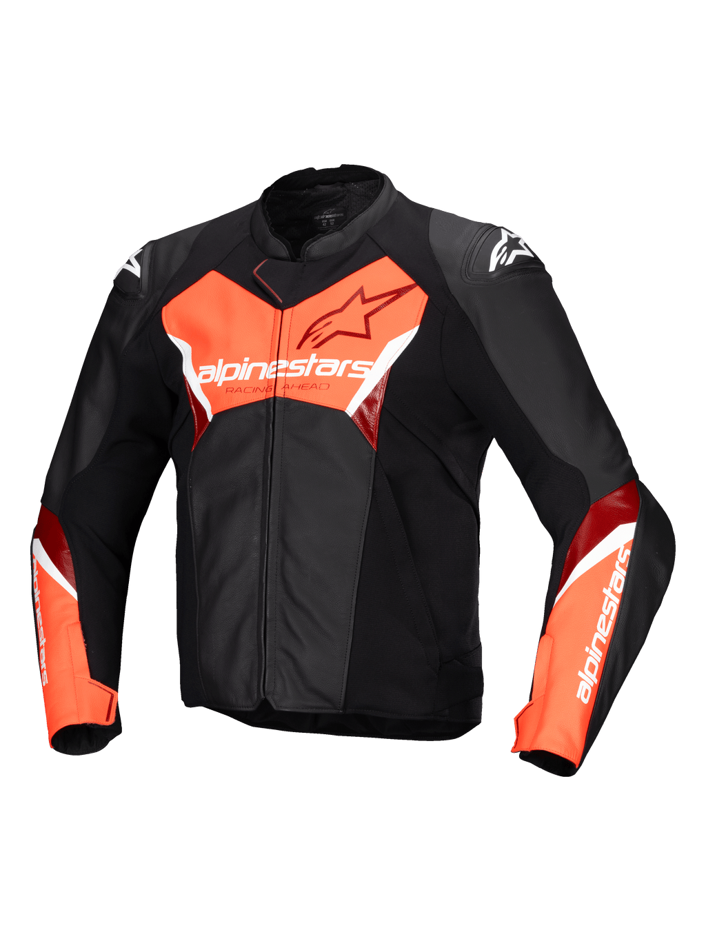 Alpinestars Faster V3 Leather Jacket, Men's Motorcycle Racing and Sport Jacket, Black and Red Fluo, CE Certified with premium leather and stretch panels