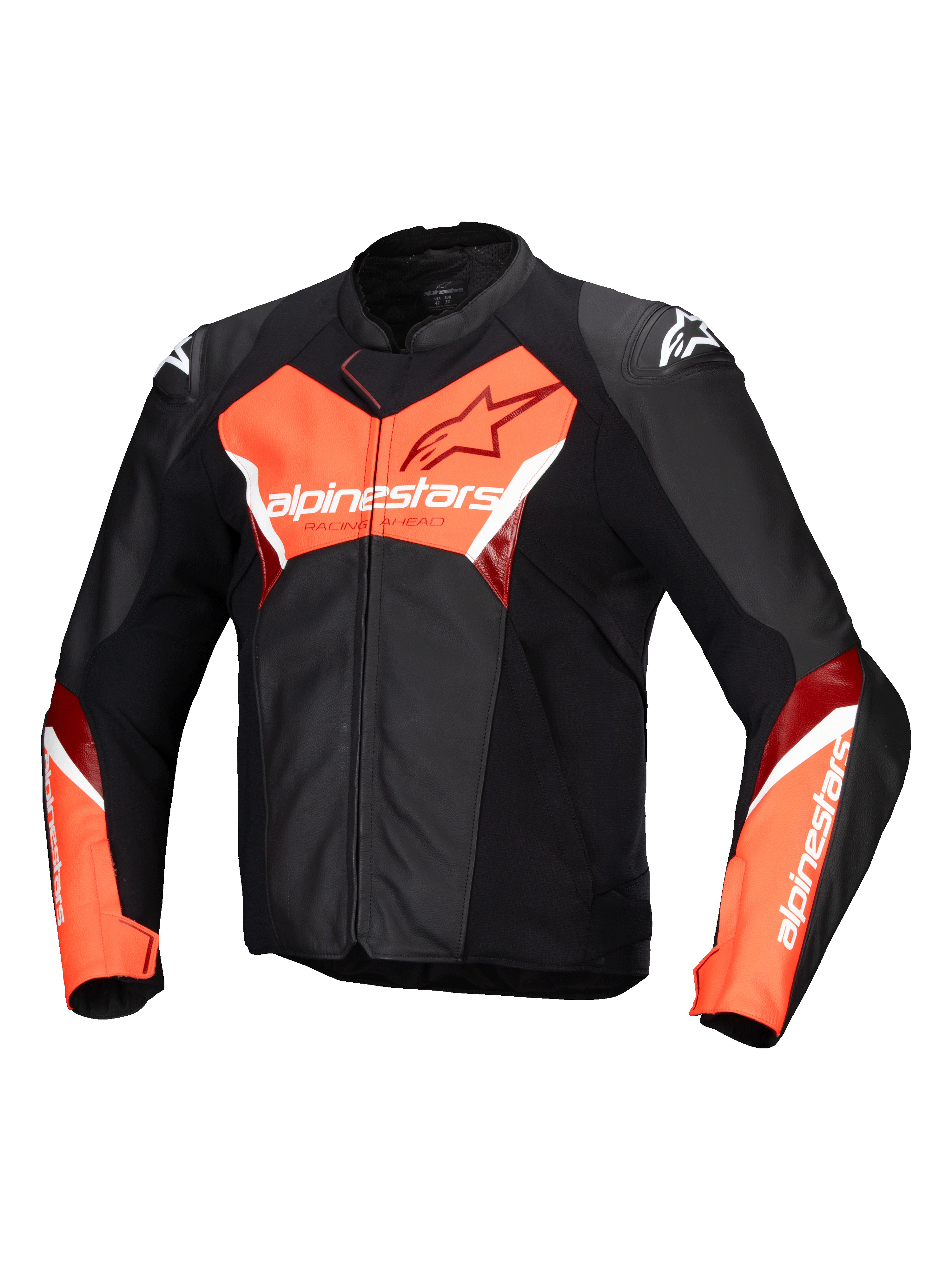 Alpinestars Faster V3 Leather Jacket, Men's Motorcycle Racing and Sport Jacket, Black and Red Fluo, CE Certified with premium leather and stretch panels