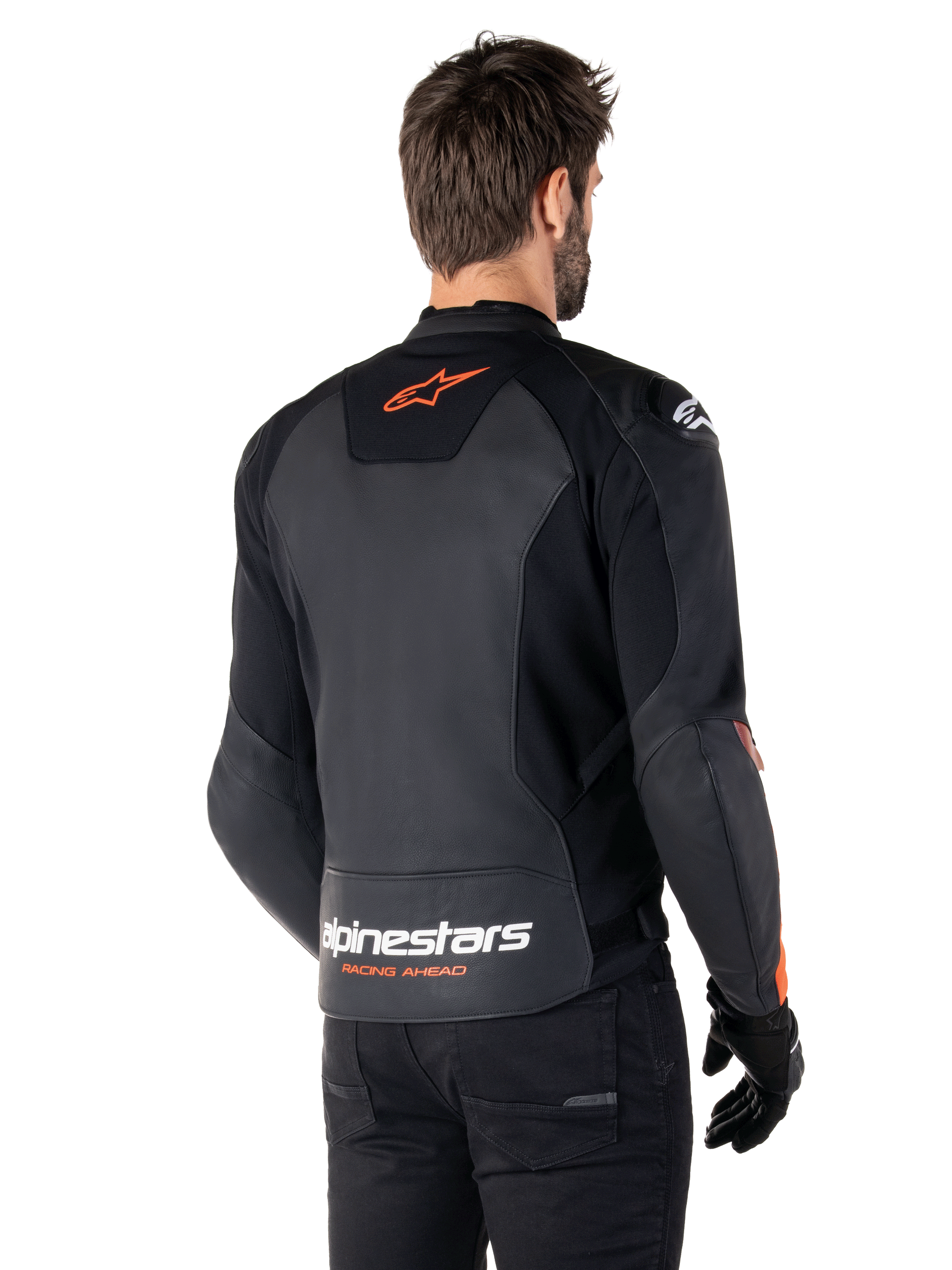 Alpinestars Faster V3 Leather Jacket, Sport Motorcycle Jacket, Black and Red Fluo, featuring premium leather construction, HRSF stretch panels, and DFS GP Lite shoulder protectors, sleek racing-derived design with technical details.