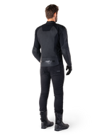 Alpinestars Faster V3 Leather Jacket, Black Black, rear view on a rider, featuring premium leather panels and embossed Alpinestars branding, paired with black riding pants and boots for a complete sport motorcycling look.