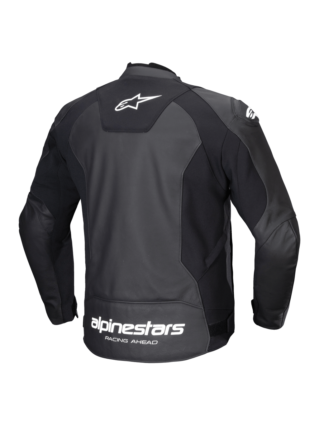 Alpinestars Faster V3 Lederjacke, Herren-Motorradjacke, Rückansicht, Schwarz und Weiß, aus strapazierfähigem Leder mit elastischen Stretcheinsätzen und Markenlogo auf dem Rücken.