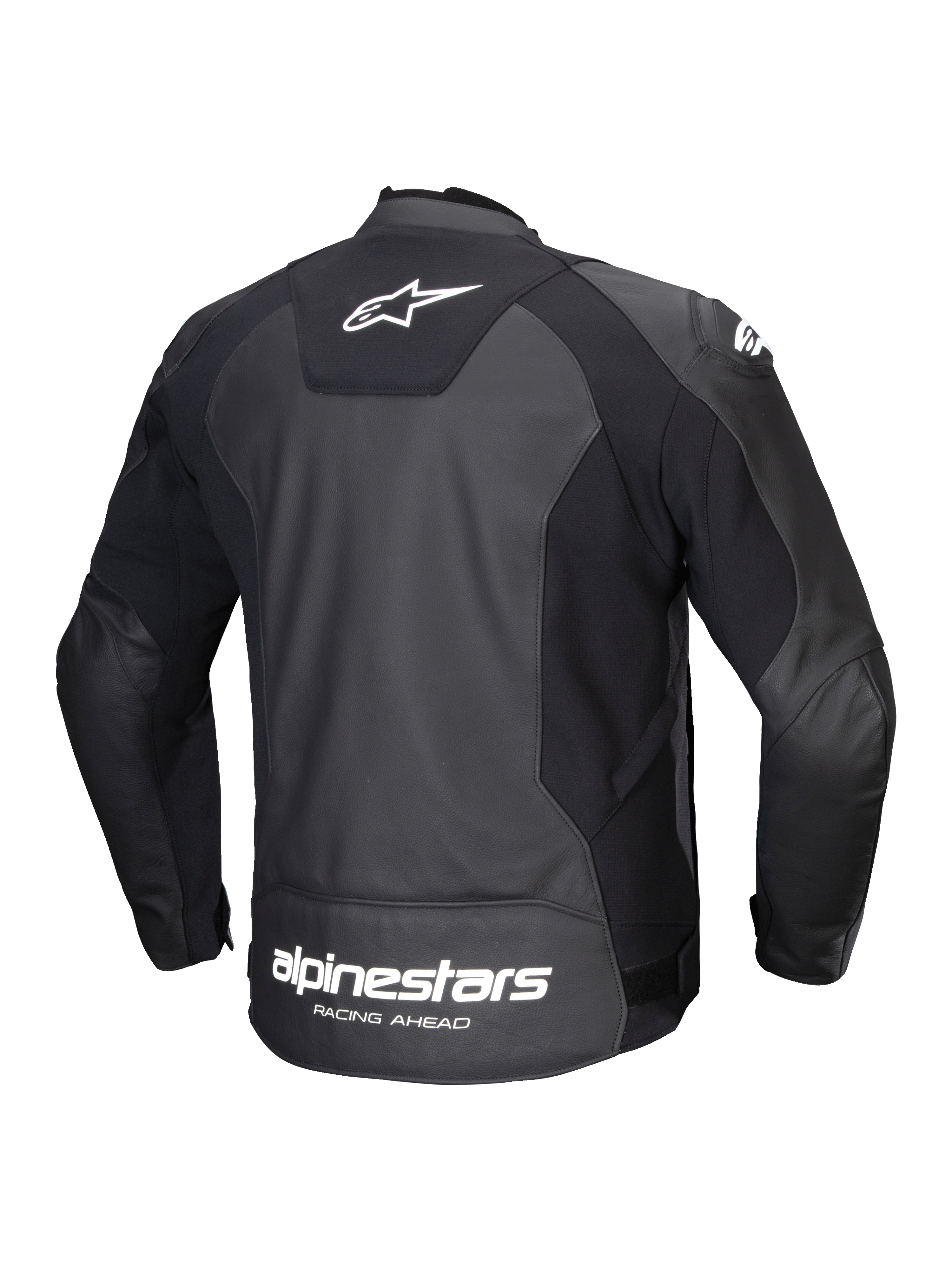 Alpinestars Faster V3 Lederjacke, Herren-Motorradjacke, Rückansicht, Schwarz und Weiß, aus strapazierfähigem Leder mit elastischen Stretcheinsätzen und Markenlogo auf dem Rücken.
