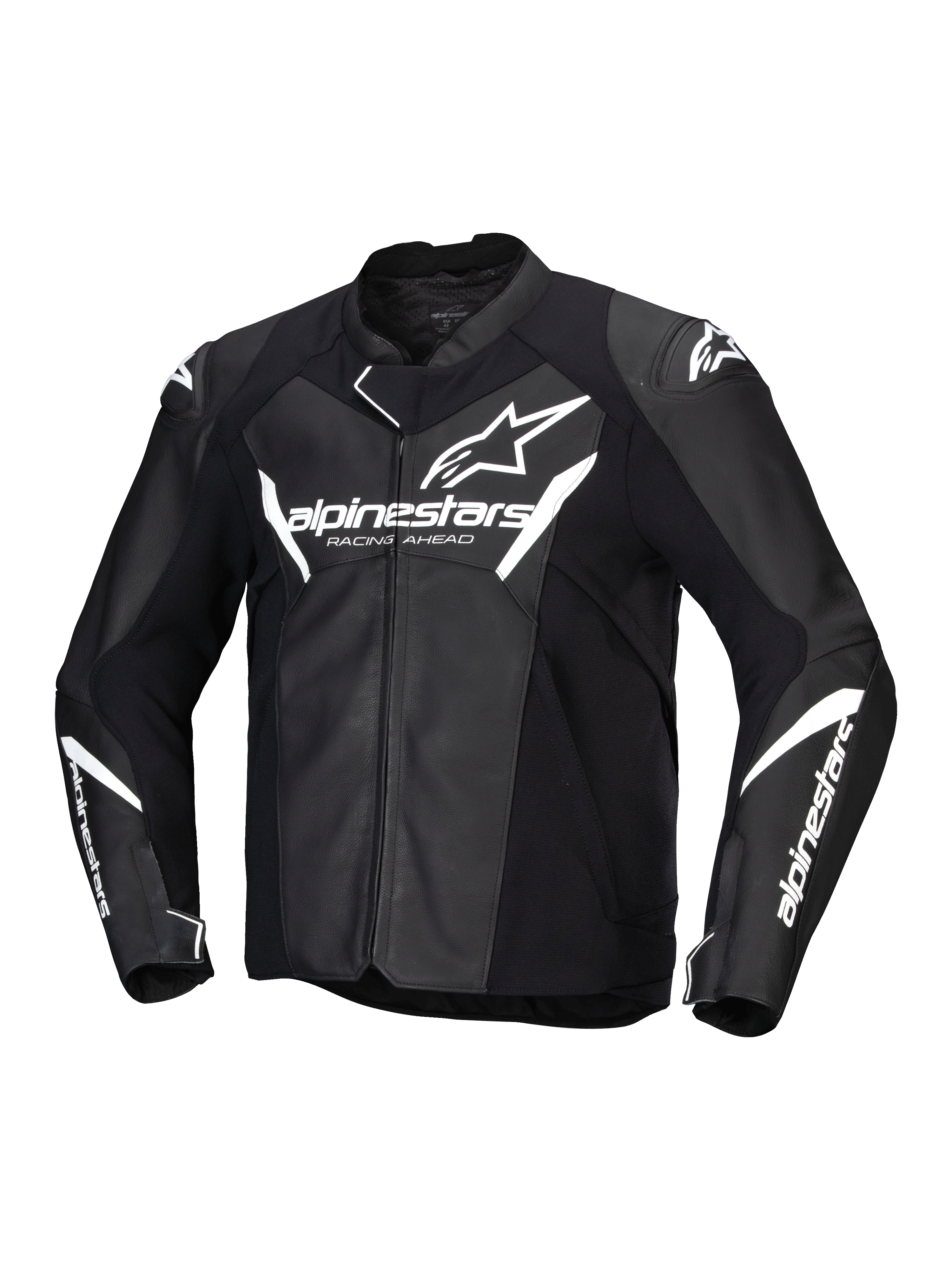 Alpinestars Faster V3 Lederjacke, Motorradjacke für Herren, Schwarz und Weiß, CE-zertifiziert, Premium-Lederkonstruktion und Stretch-Einsätze