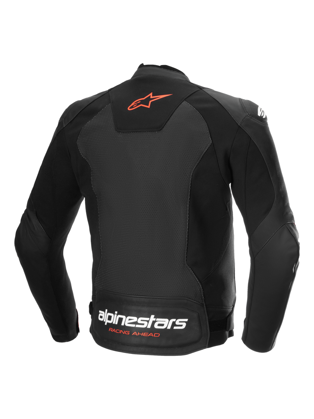 Alpinestars Faster V3 Airflow Lederjacke, Rückansicht der schwarzen und roten Sport-Motorradjacke mit perforiertem Leder und Stretcheinsätzen
