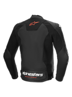 Alpinestars Faster V3 Airflow Lederjacke, Rückansicht der schwarzen und roten Sport-Motorradjacke mit perforiertem Leder und Stretcheinsätzen