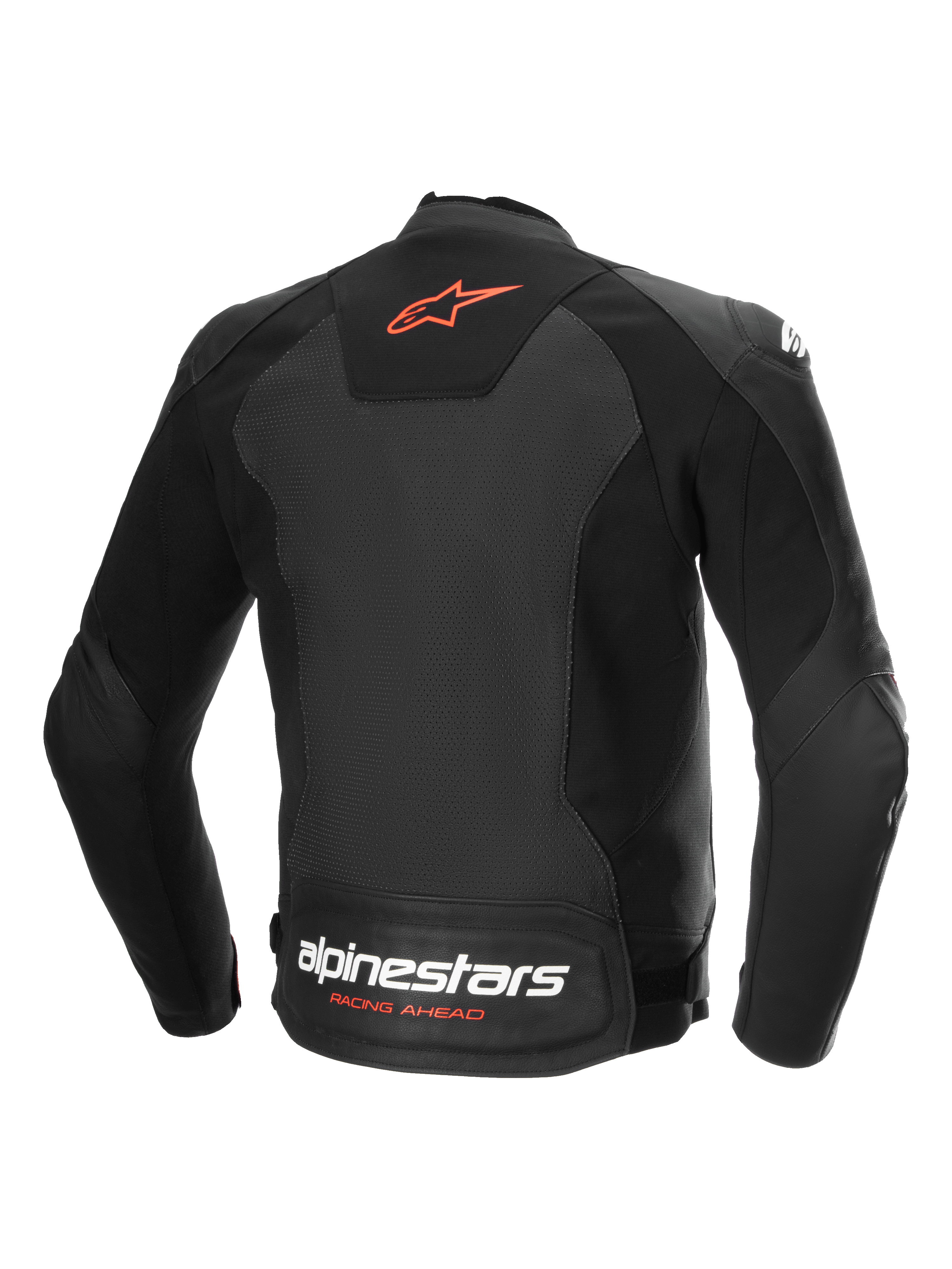 Alpinestars Faster V3 Airflow Lederjacke, Rückansicht der schwarzen und roten Sport-Motorradjacke mit perforiertem Leder und Stretcheinsätzen