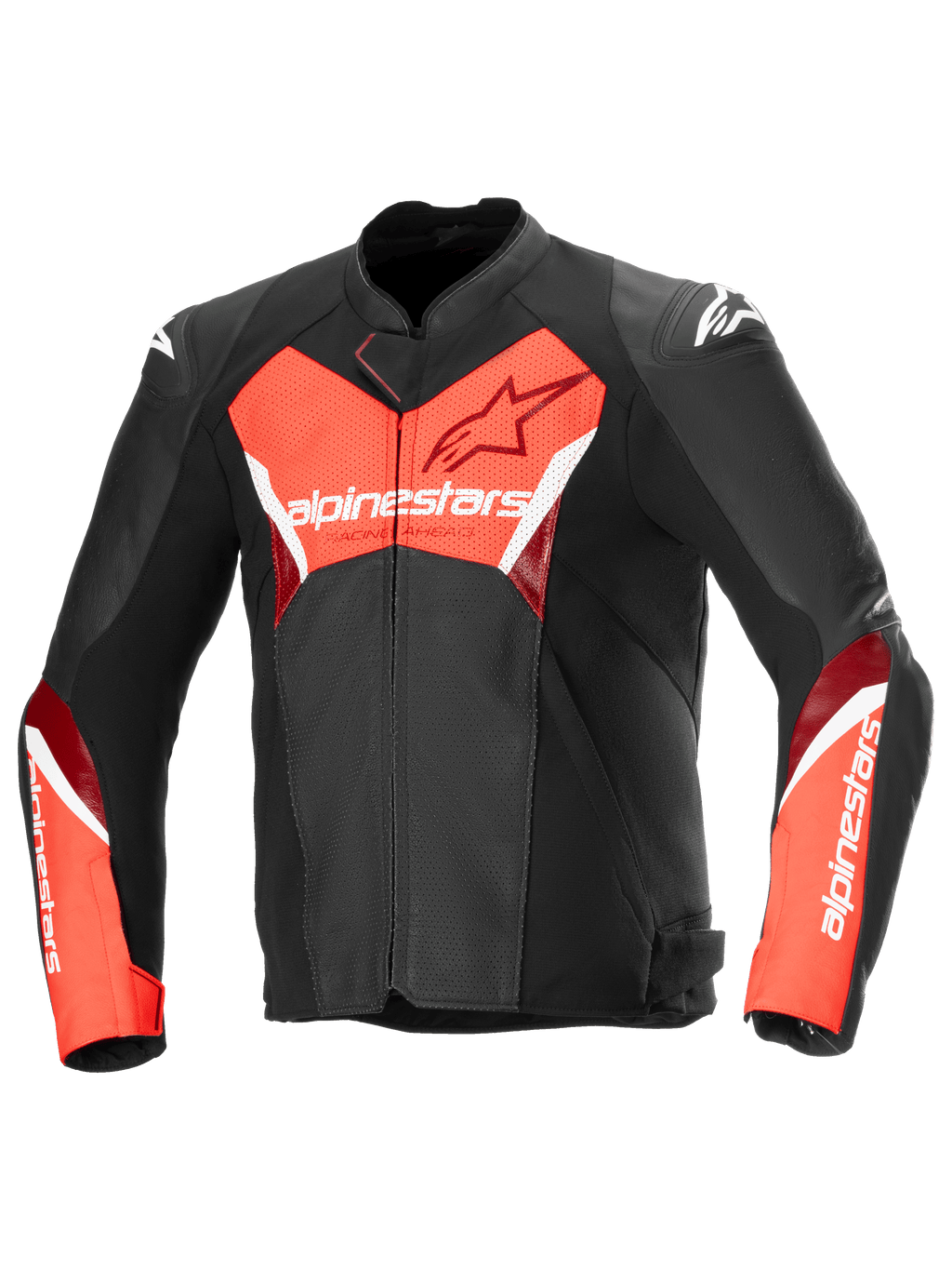 Faster V3 Airflow Lederjacke, Herren-Sport-Motorradjacke in Schwarz und Rot Fluo, perforierte Premium-Lederkonstruktion, CE-zertifiziert Klasse A