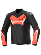 Faster V3 Airflow Lederjacke, Herren-Sport-Motorradjacke in Schwarz und Rot Fluo, perforierte Premium-Lederkonstruktion, CE-zertifiziert Klasse A
