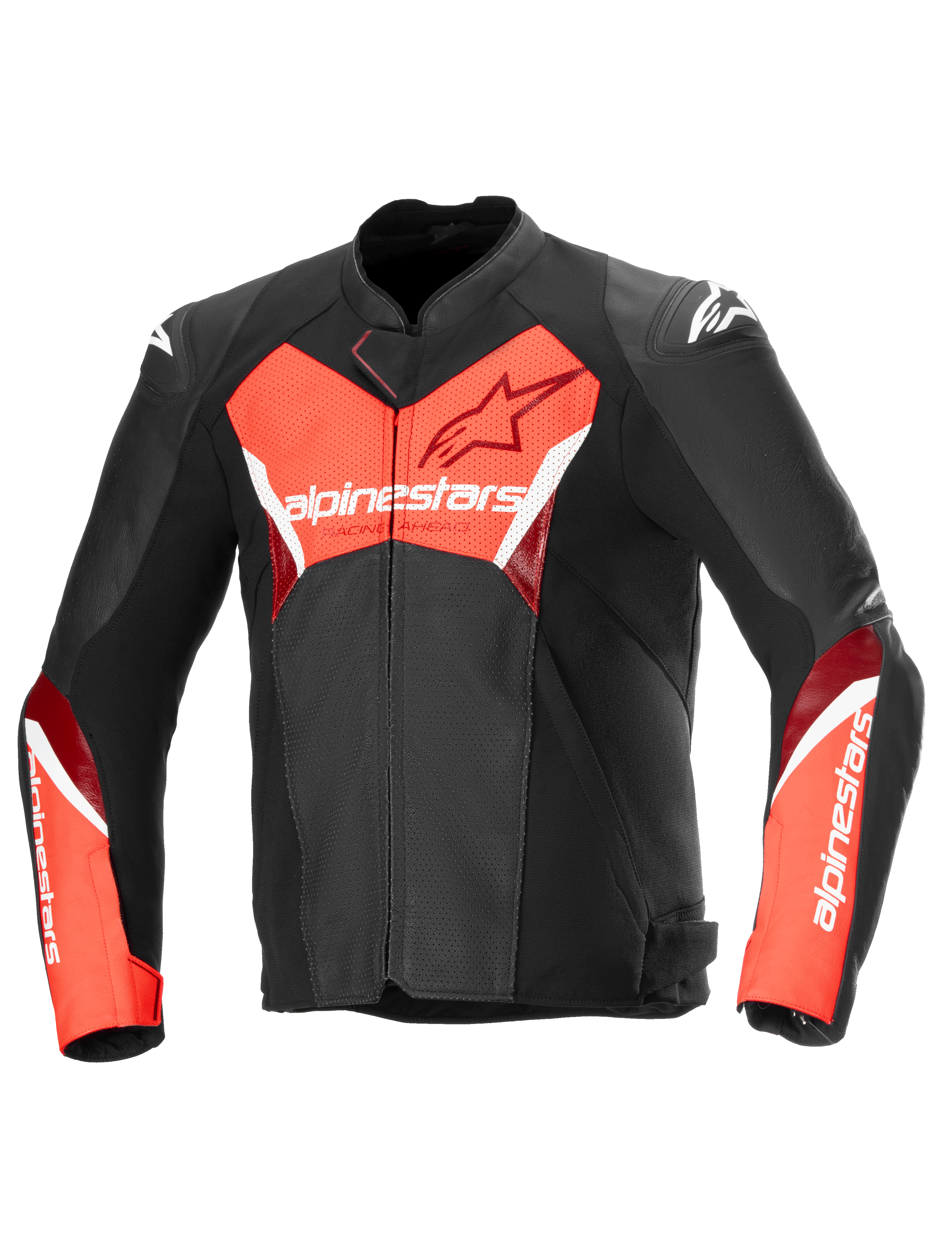 Faster V3 Airflow Lederjacke, Herren-Sport-Motorradjacke in Schwarz und Rot Fluo, perforierte Premium-Lederkonstruktion, CE-zertifiziert Klasse A