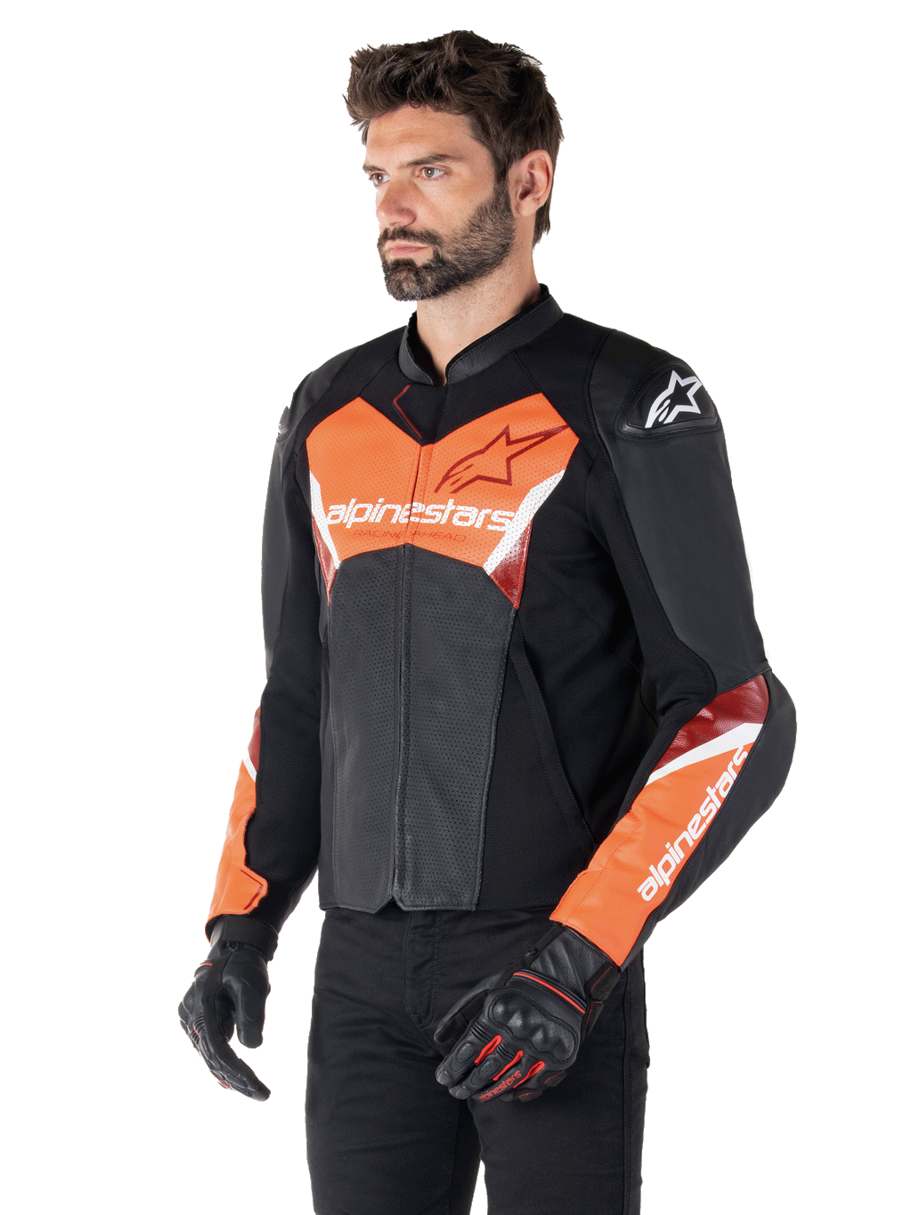 Alpinestars Faster V3 Airflow Lederjacke, Sport-Motorradjacke, Schwarz und Fluo-Rot, mit perforiertem Leder zur Belüftung, HRSF-Stretcheinsätzen und DFS GP Lite Schulterprotektoren, schlanke, vom Rennsport abgeleitete Silhouette