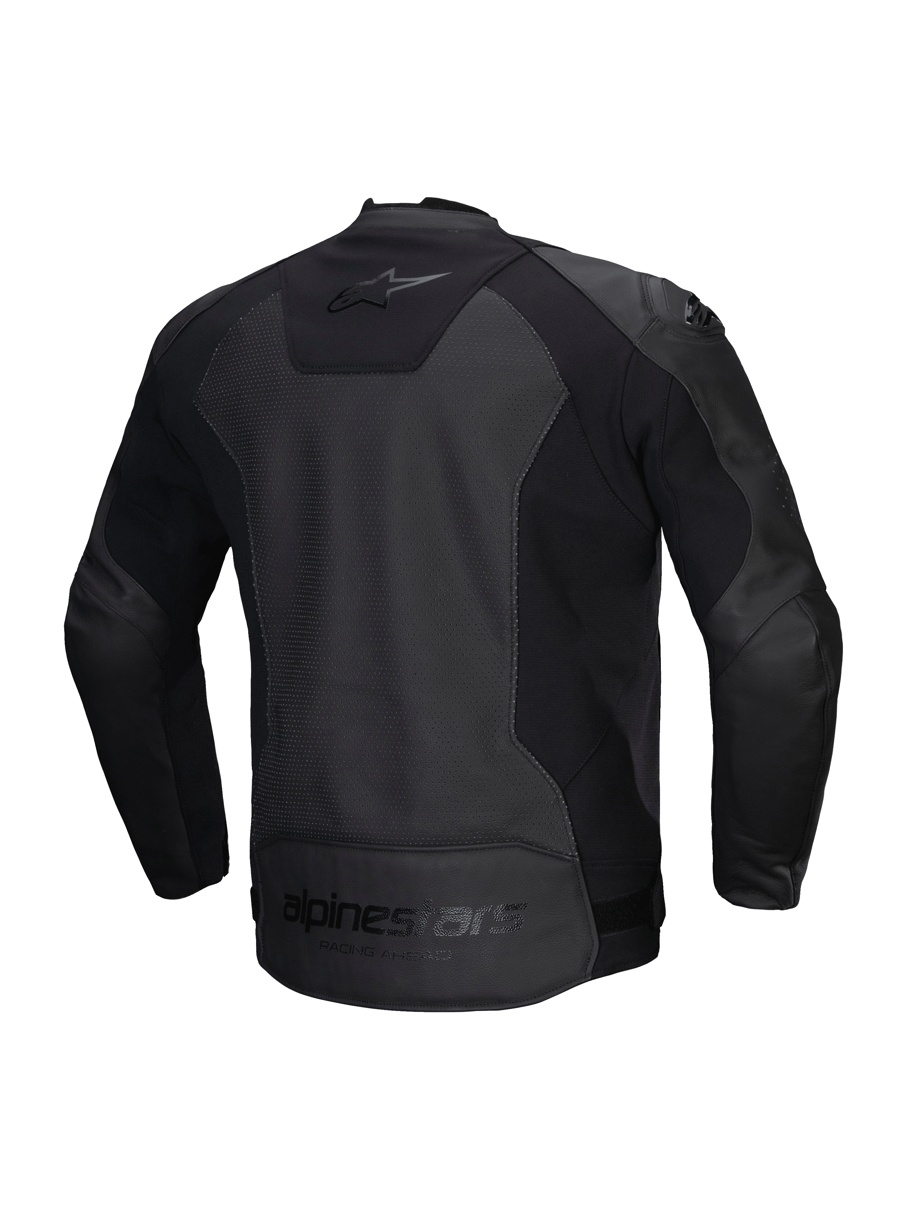 Alpinestars Faster V3 Airflow Leather Jacket, men's sport motorcycle riding jacket, black, CE certified with perforated leather and stretch panels, rear view showing stretch inserts and branding
