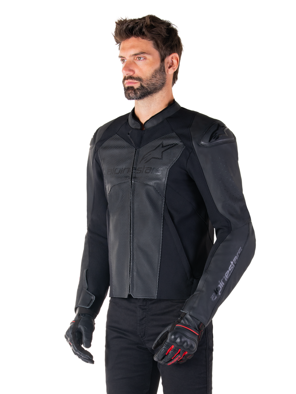 Model wearing the Alpinestars Faster V3 Airflow Leather Jacket in Black Black, sport riding motorcycle jacket with perforated leather and stretch panels, paired with black pants and black gloves with red accents, sleek race-derived style.