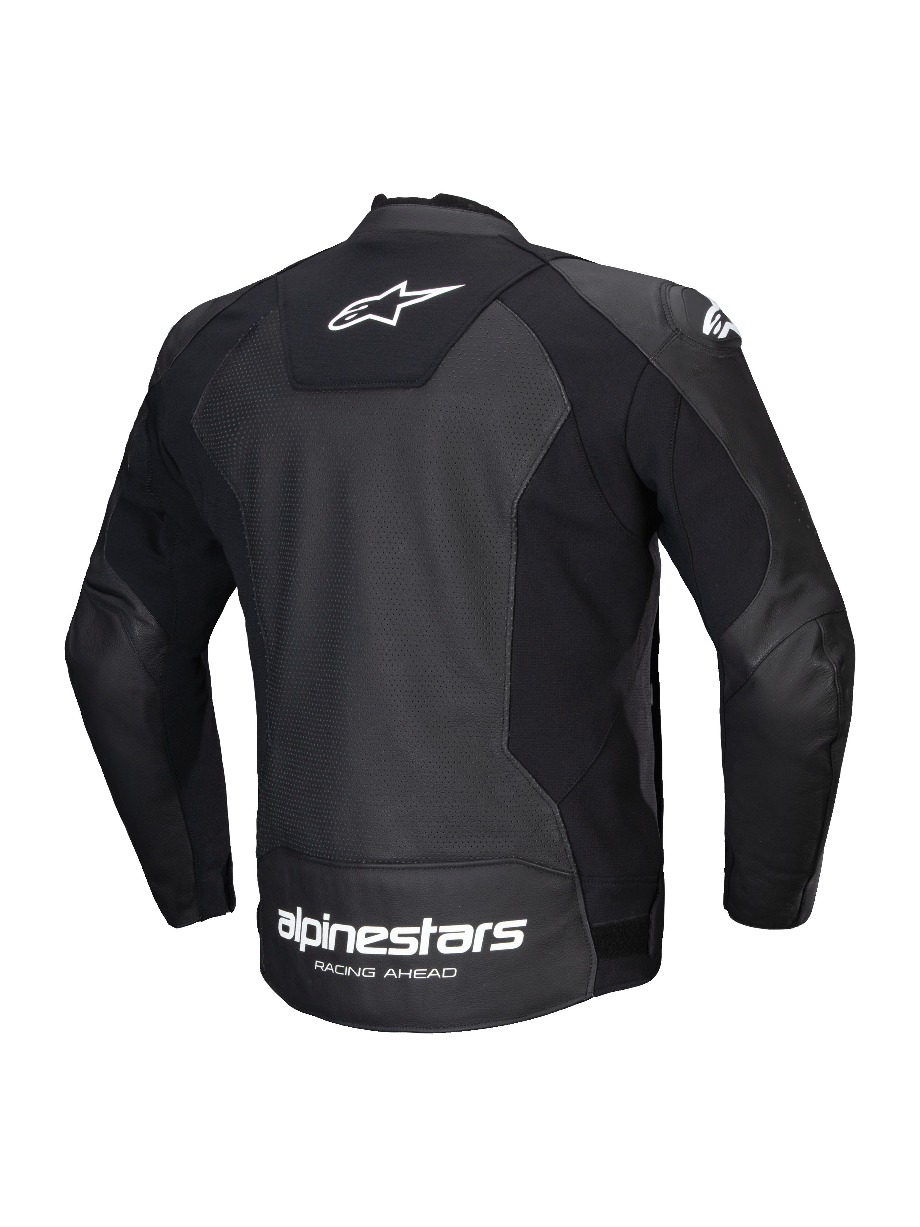 Alpinestars Faster V3 Airflow Lederjacke, Herren-Sportmotorrad-Lederjacke, Rückansicht, Schwarz und Weiß, CE-zertifiziert, mit HRSF-Stretcheinsätzen und perforierter Lederkonstruktion