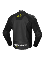 Alpinestars Faster V3 Airflow Leather Jacket, men's sport motorcycle riding jacket, black and yellow, perforated leather construction with stretch panels and rear logo branding