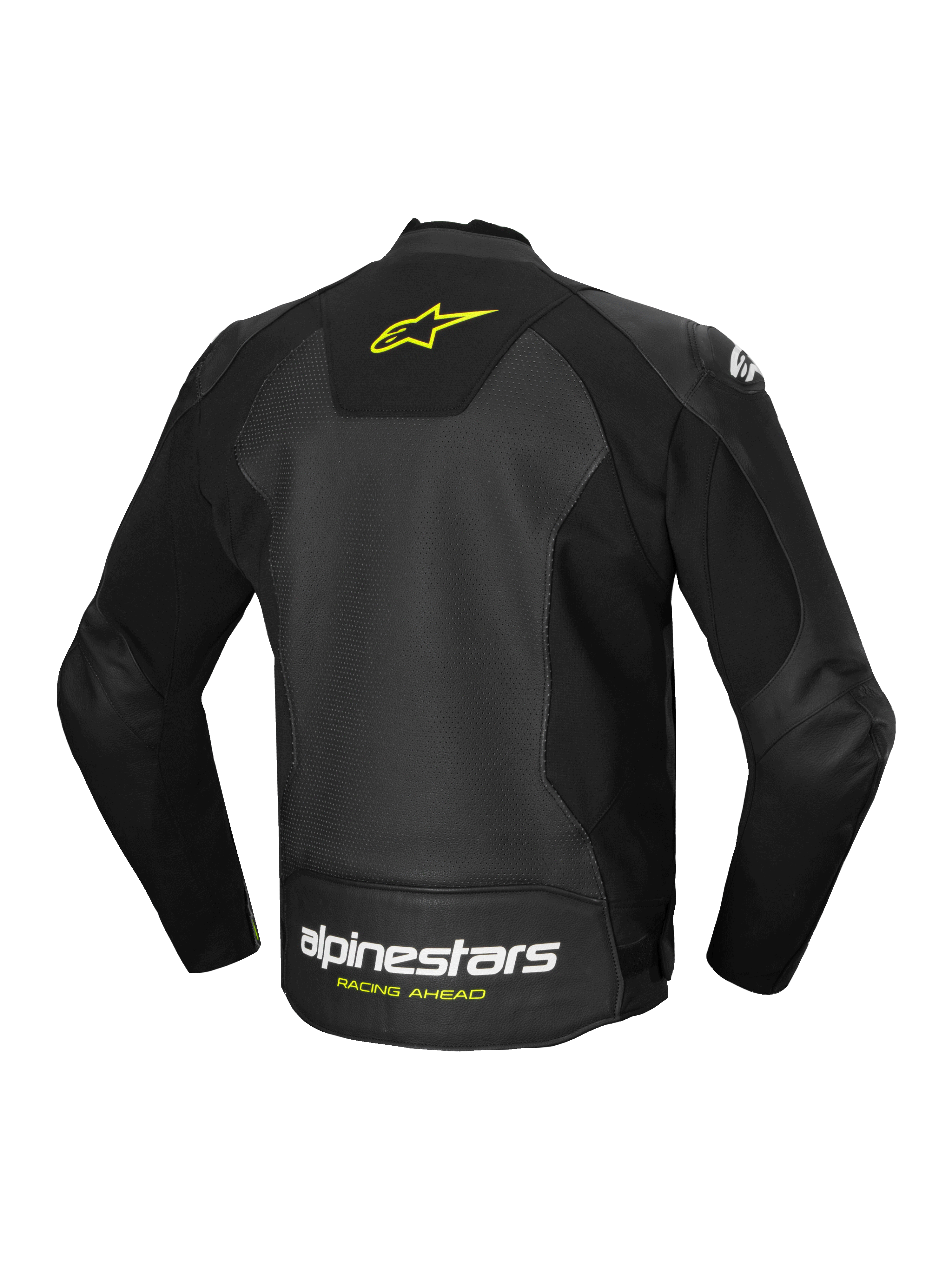 Alpinestars Faster V3 Airflow Leather Jacket, men's sport motorcycle riding jacket, black and yellow, perforated leather construction with stretch panels and rear logo branding