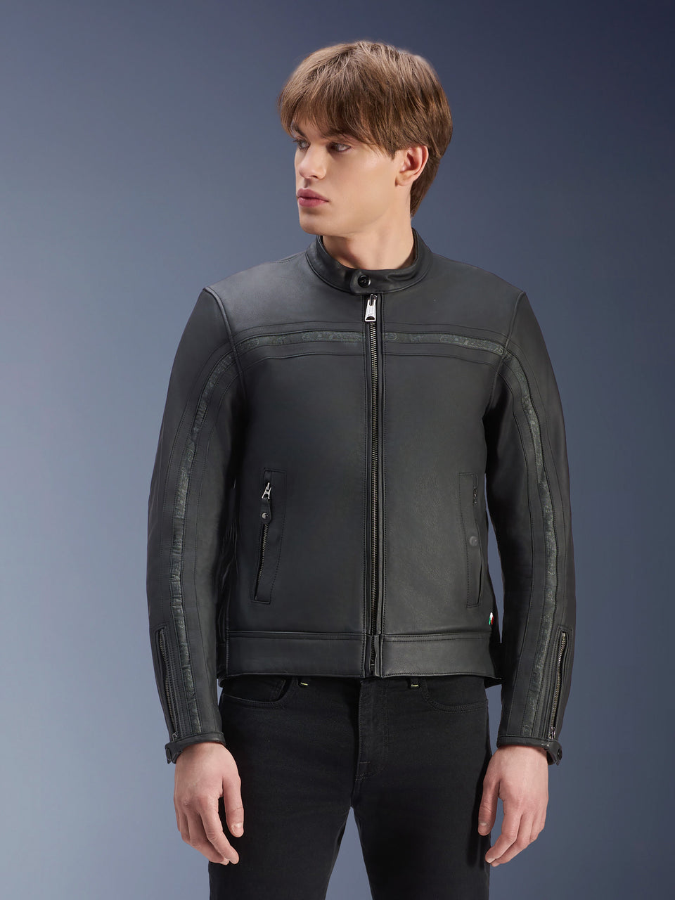 Alpinestars Dyno Leather Jacket, Black, premium bovine leather motorcycle jacket, worn by model with black pants, heritage-inspired design with central zipper and low-profile stand-up collar, urban contemporary motorcycle apparel.