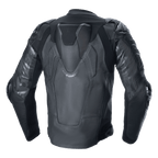 Alpinestars Atem V5 Leather Jacket, Motorcycle Racing Jacket, Black, Rear view showing aerodynamic speed hump, DFS RR shoulder and elbow protectors, technical leather construction with stretch panels and Alpinestars branding on sleeves