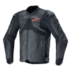 Alpinestars Atem V5 Leather Jacket, Black and Dark Gray motorcycle racing jacket, orange star logo on chest, perforated leather panels for ventilation, hard shoulder and elbow protection, leather and textile construction with aerodynamic design for sport riding