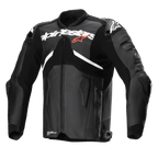 Alpinestars Atem V5 Leather Jacket, Black and White, professional motorcycle racing jacket, featuring a large white Alpinestars logo across the chest with a small red star, perforated leather panels, integrated DFS RR shoulder protectors, and a streamlined aerodynamic design for sportbike riding.