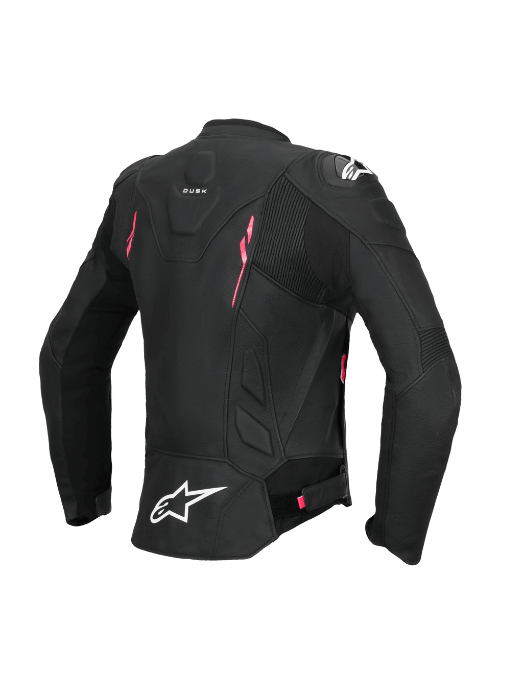 Alpinestars Stella Dusk Leather Jacket, Women's Motorcycle Riding Jacket, Black with Diva Pink and White accents, rear view showing CE AA certified leather construction, accordion stretch panels, and external DFS shoulder protection