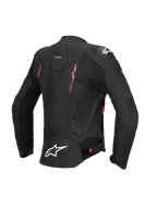 Alpinestars Stella Dusk Leather Jacket, Women's Motorcycle Riding Jacket, Black with Diva Pink and White accents, rear view showing CE AA certified leather construction, accordion stretch panels, and external DFS shoulder protection
