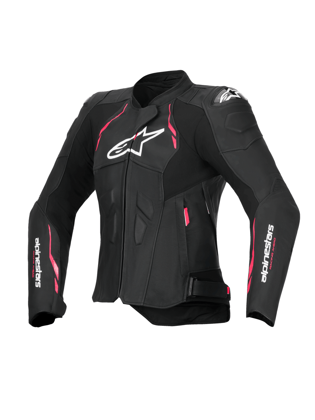 Alpinestars Stella Dusk Leather Jacket, Women's Motorcycle Riding Jacket in Black with Diva Pink and White accents, CE Certified Class AA with external DFS shoulder protection