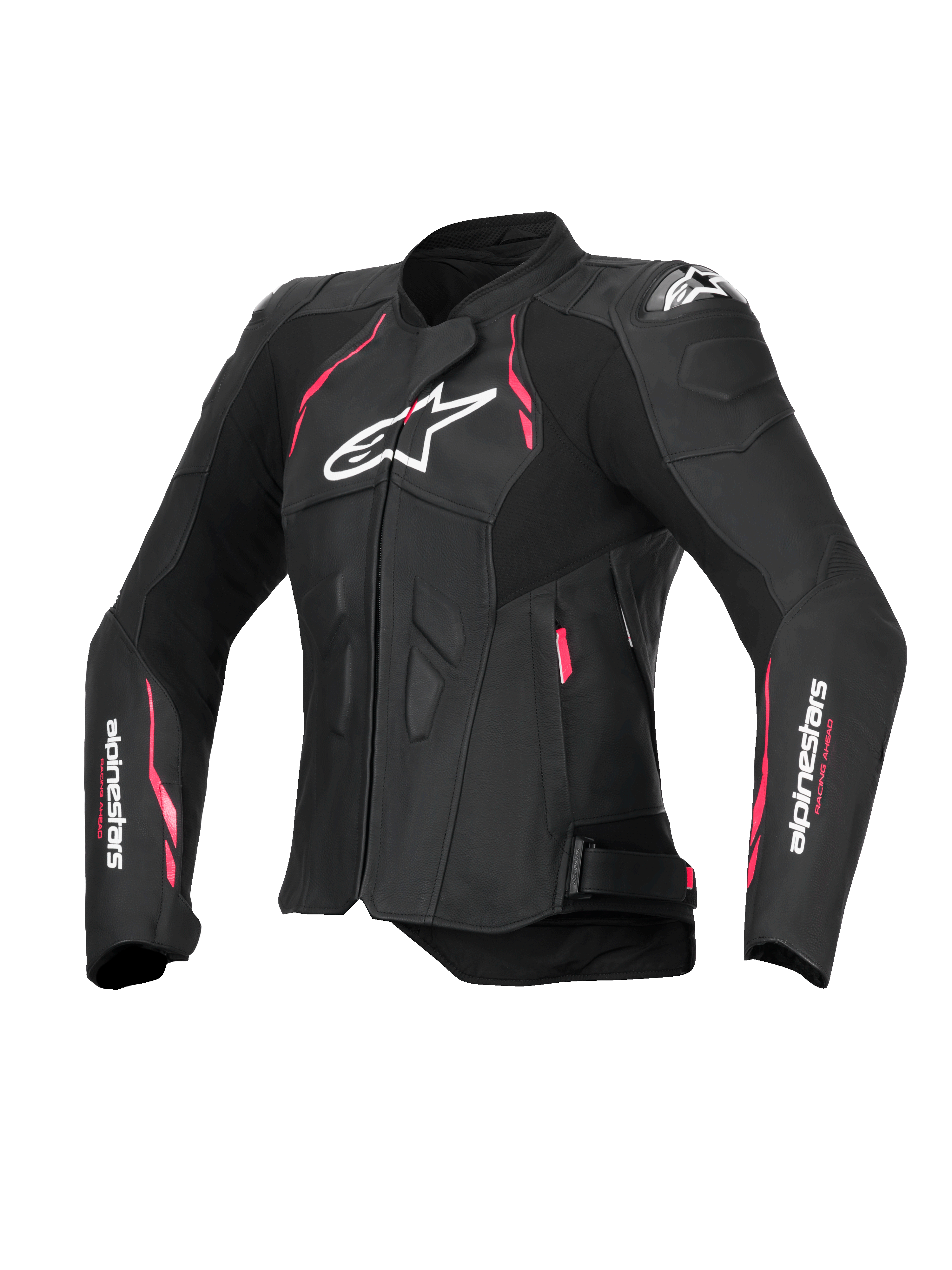 Alpinestars Stella Dusk Leather Jacket, Women's Motorcycle Riding Jacket in Black with Diva Pink and White accents, CE Certified Class AA with external DFS shoulder protection
