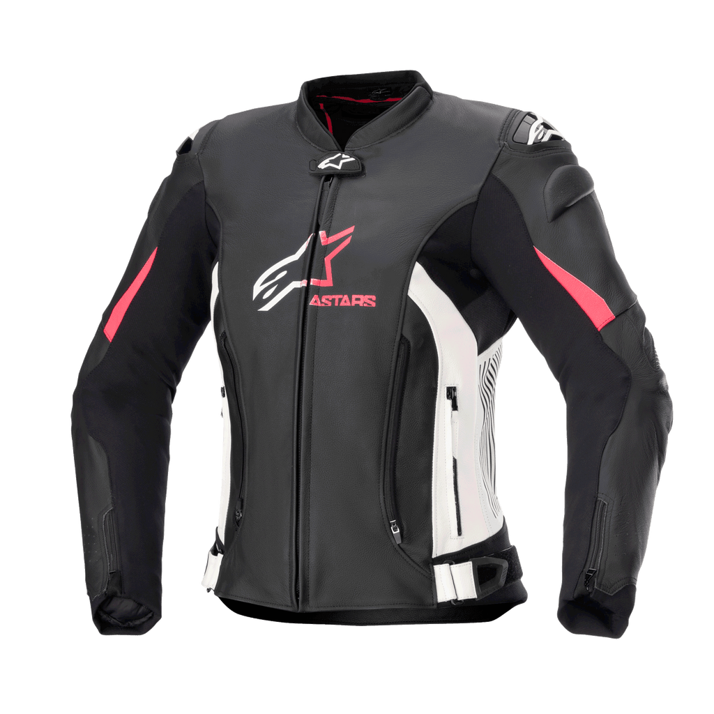 Alpinestars Stella GP Plus V4 Lederjacke für Damen, Motorrad-Rennjacke, Schwarz mit weißen und Diva Pink Akzenten, hochwertige Lederkonstruktion, Front- und Bauch-Reißverschlüsse, verstellbare Taillengurte, gepolsterte Schultern, feminine Silhouette