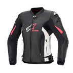 Alpinestars Stella GP Plus V4 Lederjacke für Damen, Motorrad-Rennjacke, Schwarz mit weißen und Diva Pink Akzenten, hochwertige Lederkonstruktion, Front- und Bauch-Reißverschlüsse, verstellbare Taillengurte, gepolsterte Schultern, feminine Silhouette
